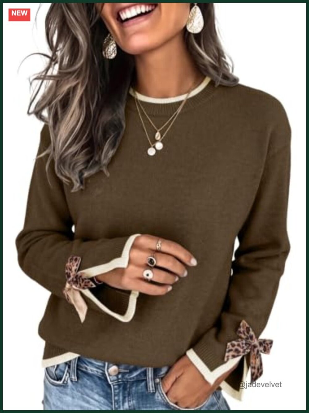 Women's Leopard Print Bow Long Sleeve Knit Pullover Sweater